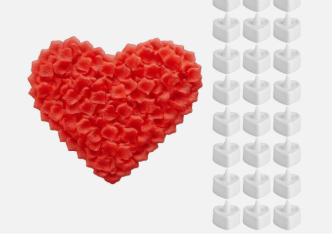 1000Pcs Artificial Rose Petals + 24Pcs LED Heart Light Candles